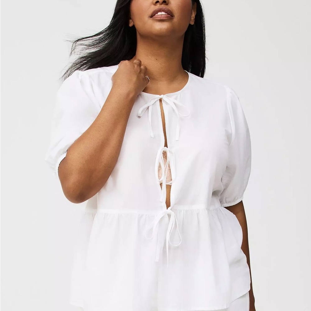 Torrid NWT White Cotton Tie-Front Puff Sleeve Blouse